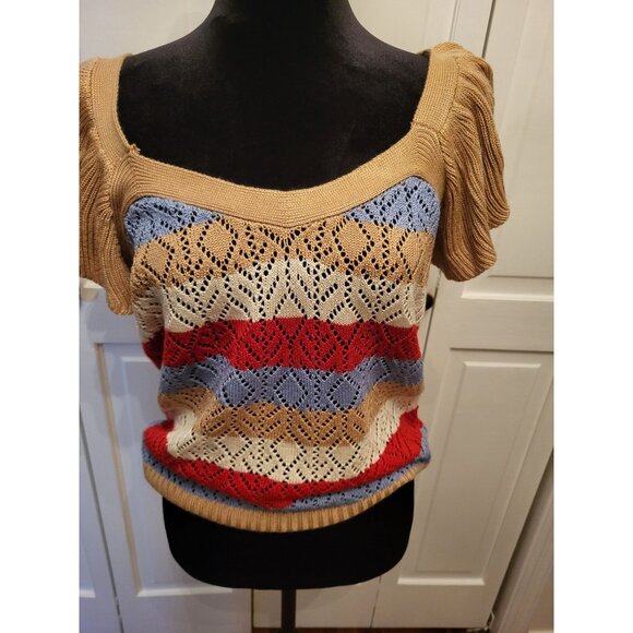 Tan Crochet Stripe Sweater Flutter Sleeves Open Knit sz M Coquette Boho Beach - Picture 3 of 7